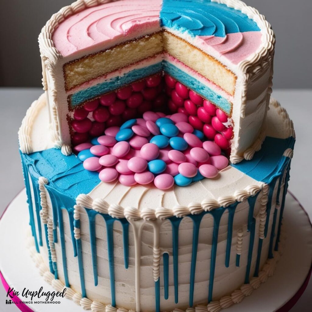 gender reveal cake with candy hidden inside