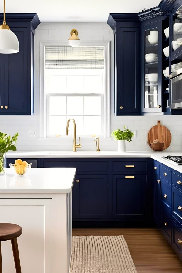 navy and white kitchen cabinets
