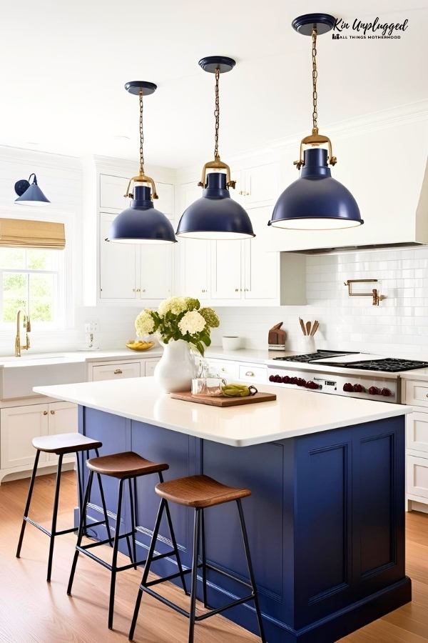 navy and white kitchen cabinets