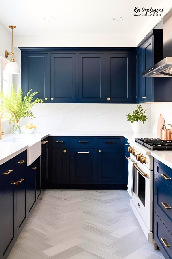 navy and white kitchen cabinets