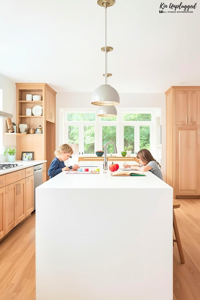 Dual height kitchen island with kids doing homework