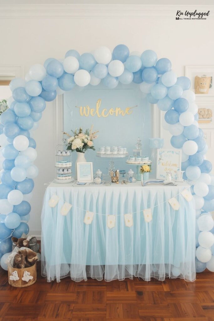 blue and white baby shower decorations